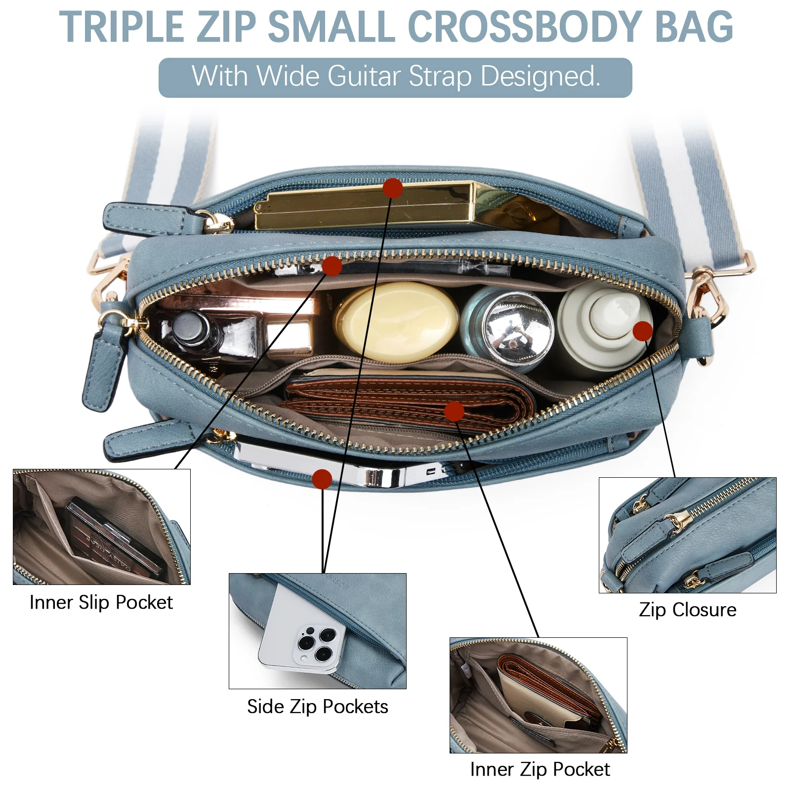 Nola Keep Your Essentials Organized with a Triple Zip Cell Phone Leather Handbag - Image 68